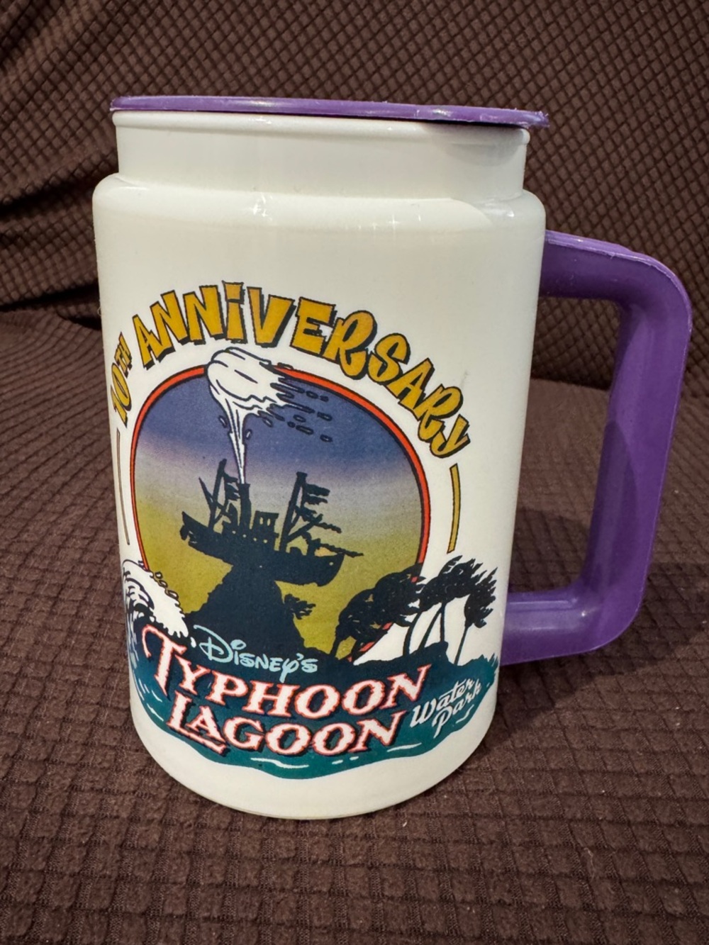 Disney Typhoon Lagoon 10th Anniversary White Travel Mug with Purple Handle